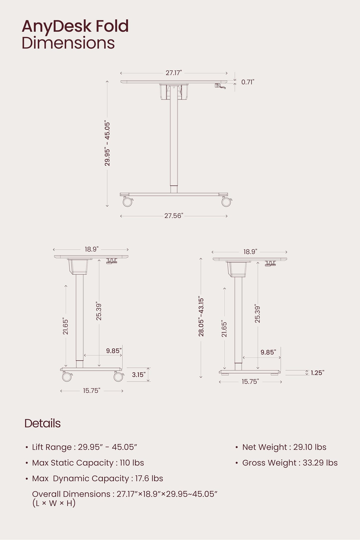 TopJob ANYDESK FOLD desk, rolling stand desk for home, bedside or kitchen use.