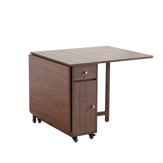 COMUHOME foldable dining table, drop leaf, 2 drawers, wheels, space-saving walnut design.