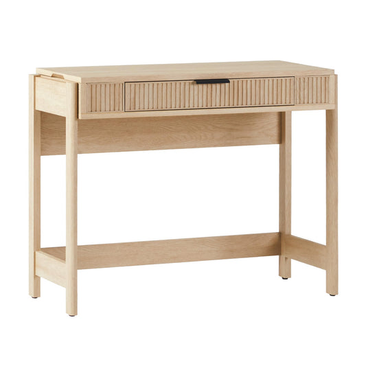 Walker Edison lift-top desk, storage drawer, sit-stand design, 38", coastal oak.