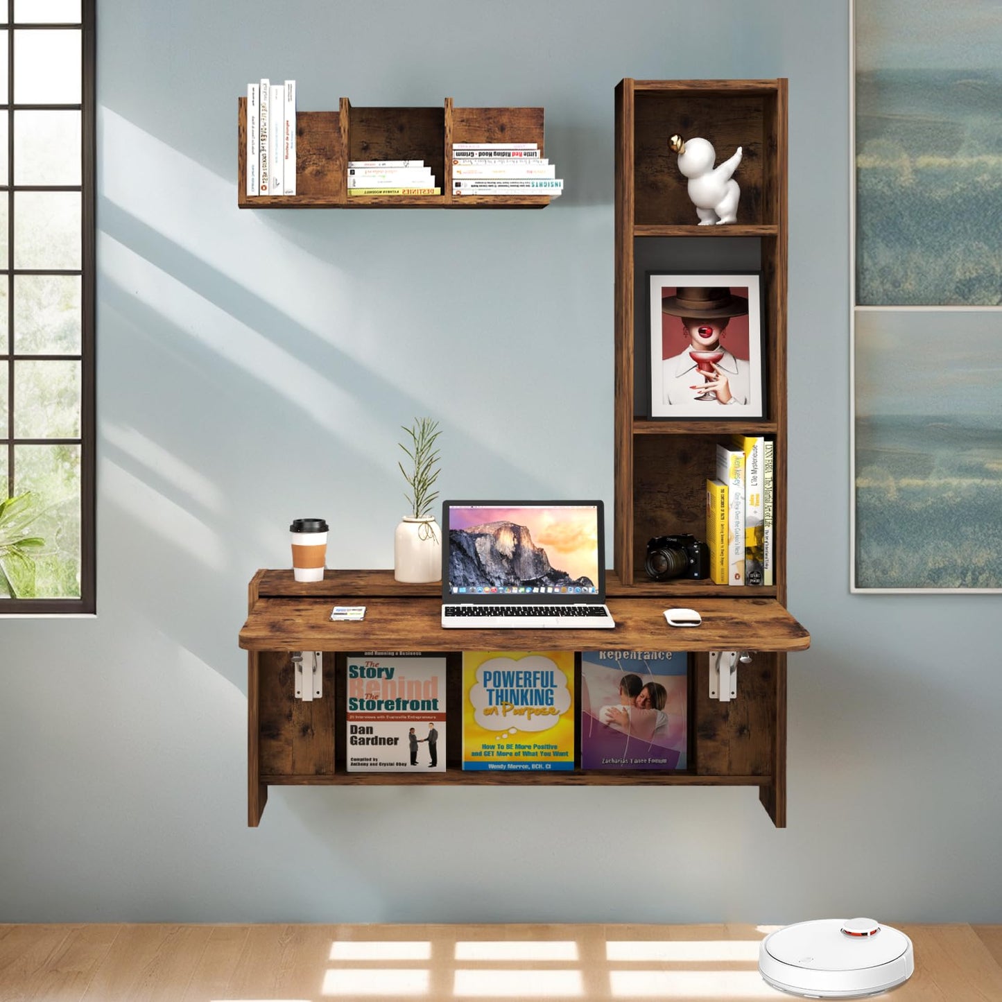 TuckTect foldable wall desk with cabinets, floating workstation with storage shelves.