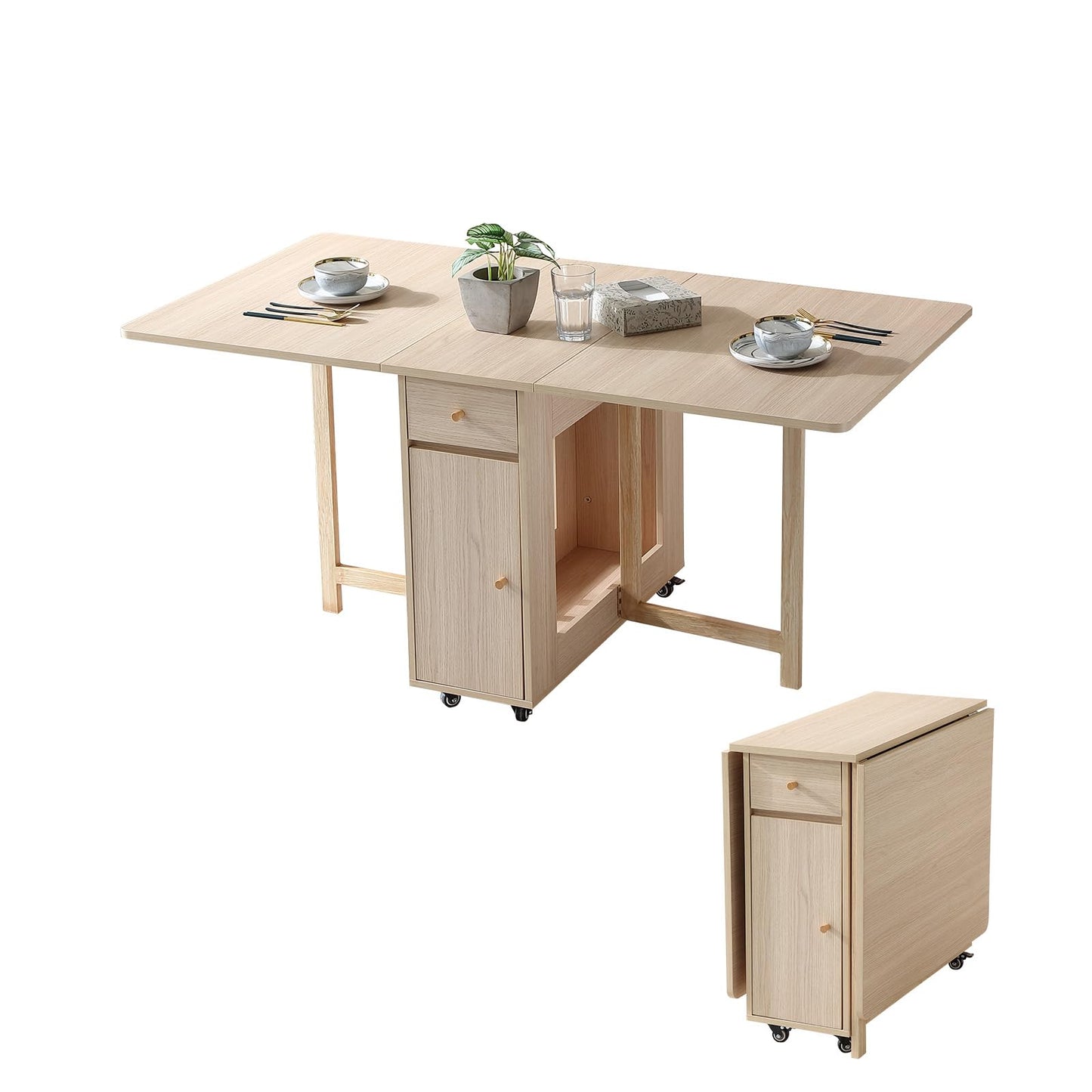 COMUHOME folding dining table, drop leaf, drawers, wheels, wood color finish.
