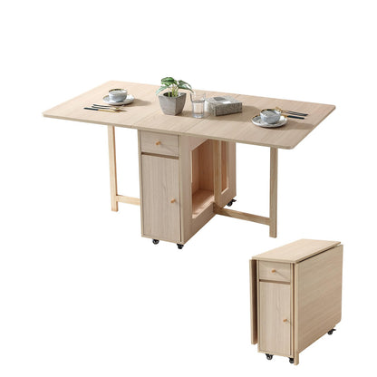 COMUHOME folding dining table, drop leaf, drawers, wheels, wood color finish.
