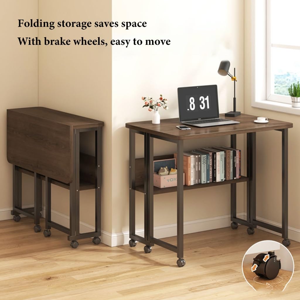 GIZNXBA folding desk with wheels, shelves, no assembly, compact home office table.