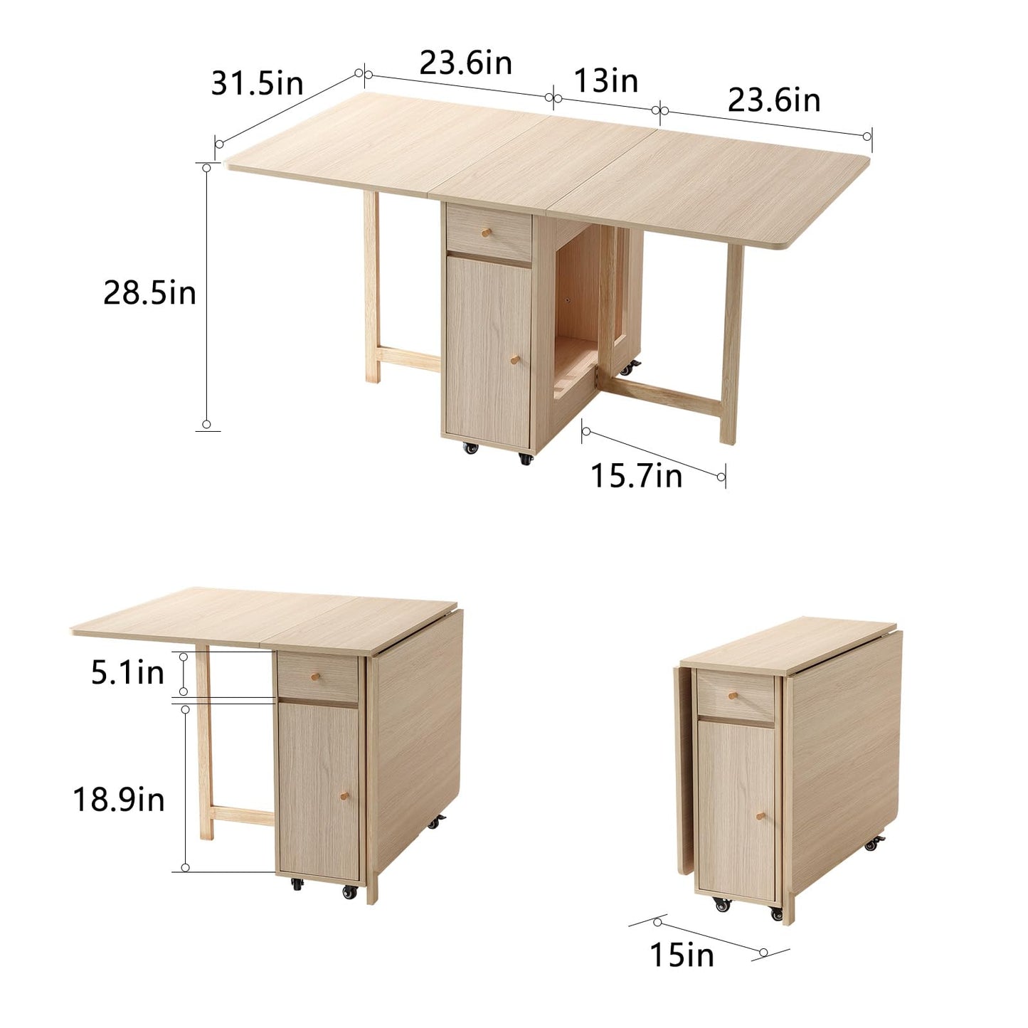 COMUHOME folding dining table, drop leaf, drawers, wheels, wood color finish.