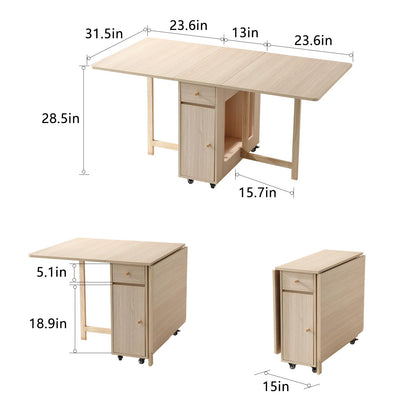 COMUHOME folding dining table, drop leaf, drawers, wheels, wood color finish.