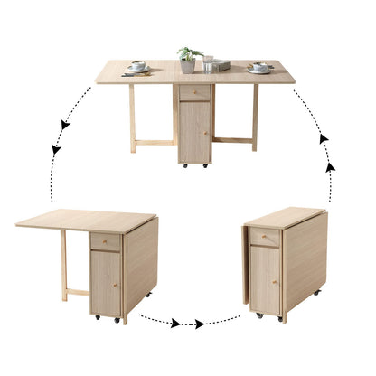 COMUHOME folding dining table, drop leaf, drawers, wheels, wood color finish.