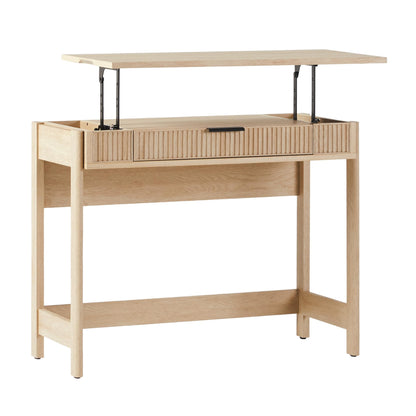 Walker Edison lift-top desk, storage drawer, sit-stand design, 38", coastal oak.