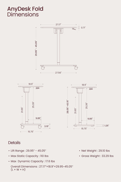 TopJob ANYDESK FOLD standing desk, portable, foldable, lockable wheels.