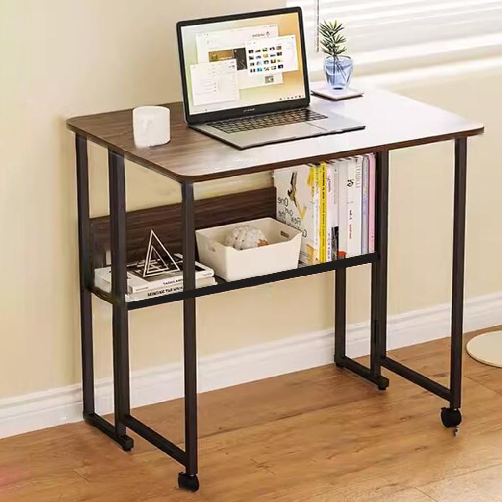 GIZNXBA folding desk with wheels, shelves, no assembly, compact home office table.