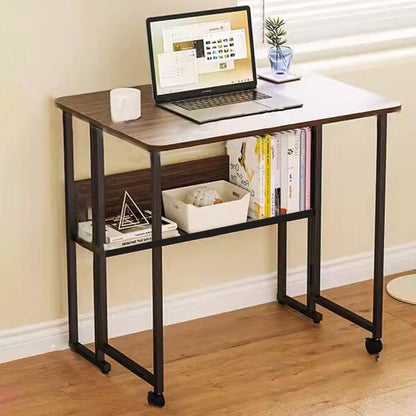 GIZNXBA folding desk with wheels, shelves, no assembly, compact home office table.
