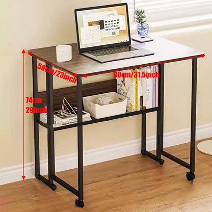 GIZNXBA folding desk with wheels, shelves, no assembly, compact home office table.