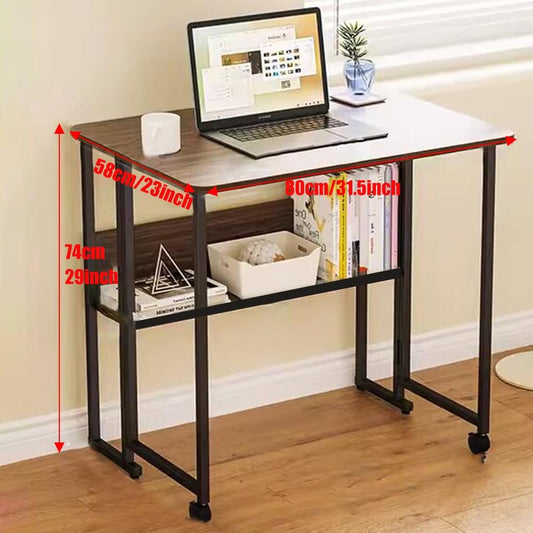 GIZNXBA folding desk with wheels, shelves, no assembly, compact home office table.
