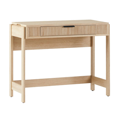 Walker Edison lift-top desk, storage drawer, sit-stand design, 38", coastal oak.