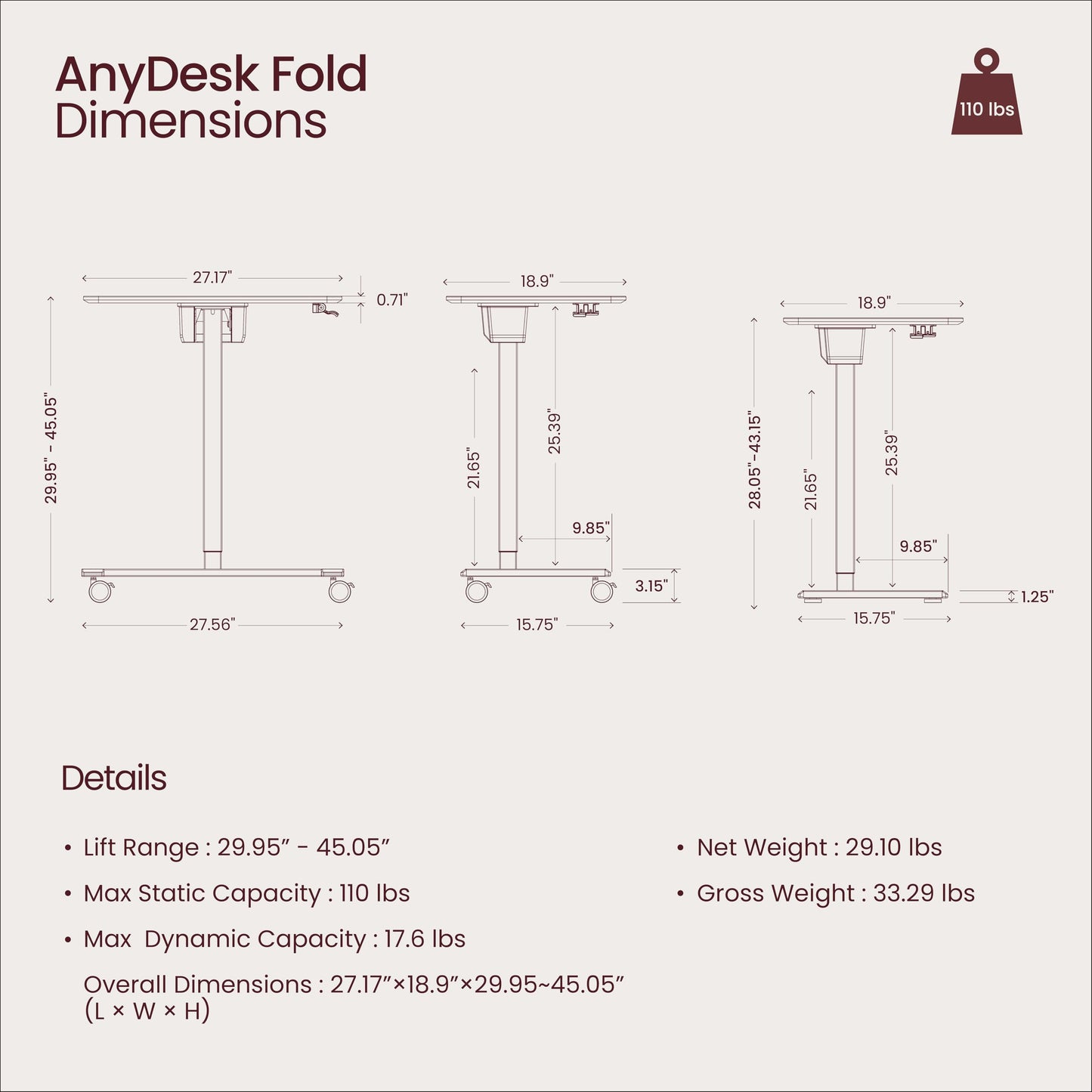 TopJob ANYDESK FOLD standing desk, portable, foldable, lockable wheels.