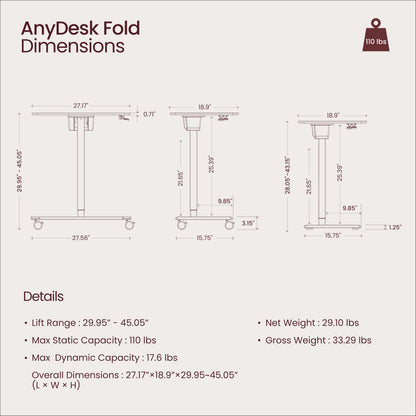 TopJob ANYDESK FOLD standing desk, portable, foldable, lockable wheels.