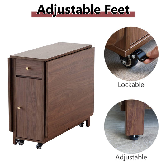 COMUHOME foldable dining table, drop leaf, 2 drawers, wheels, space-saving walnut design.