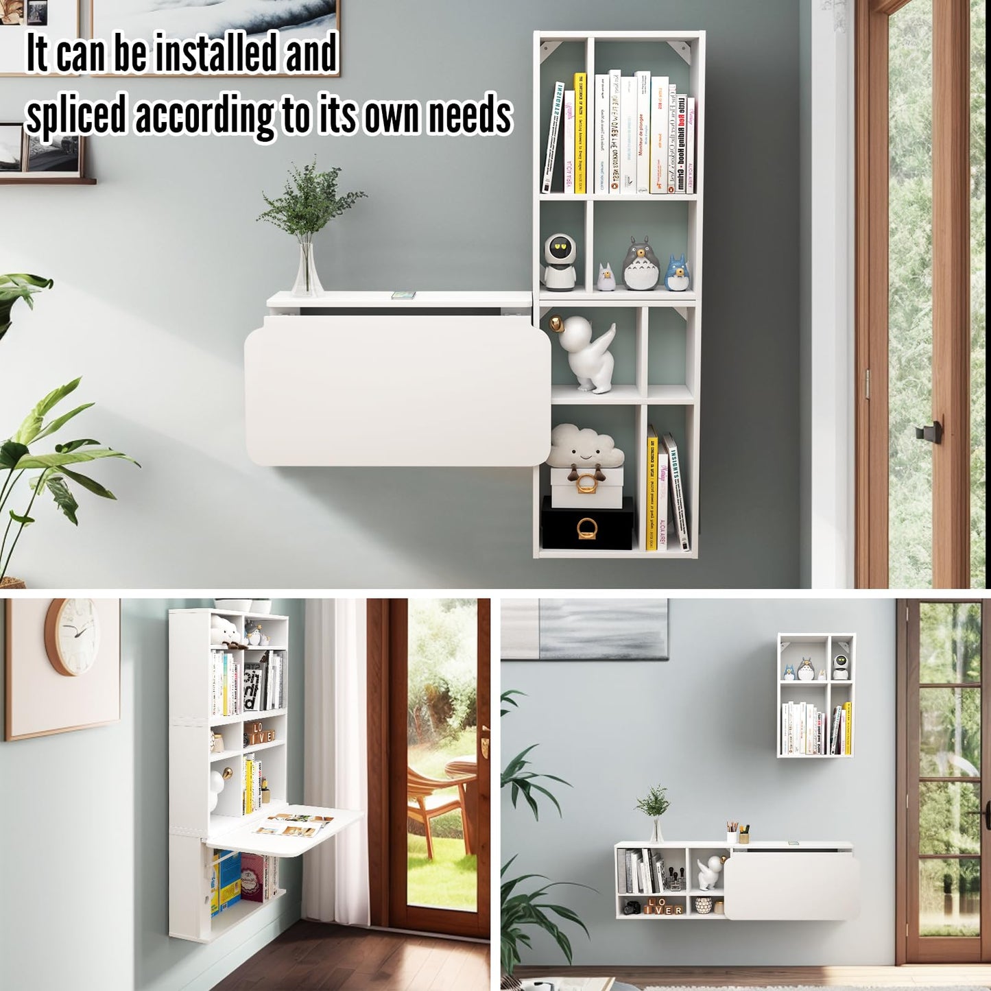 TuckTect 81" wall-mounted desk, folding drop leaf with shelves, space-saving workstation.