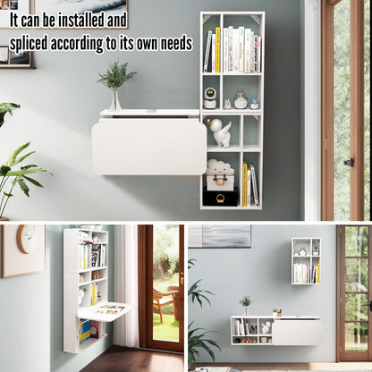 TuckTect 81" wall-mounted desk, folding drop leaf with shelves, space-saving workstation.