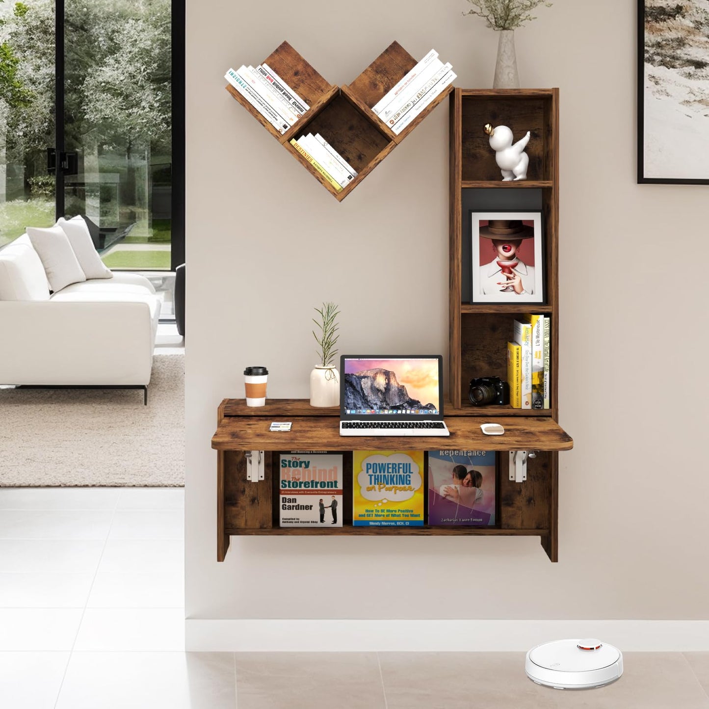 TuckTect foldable wall desk with cabinets, floating workstation with storage shelves.