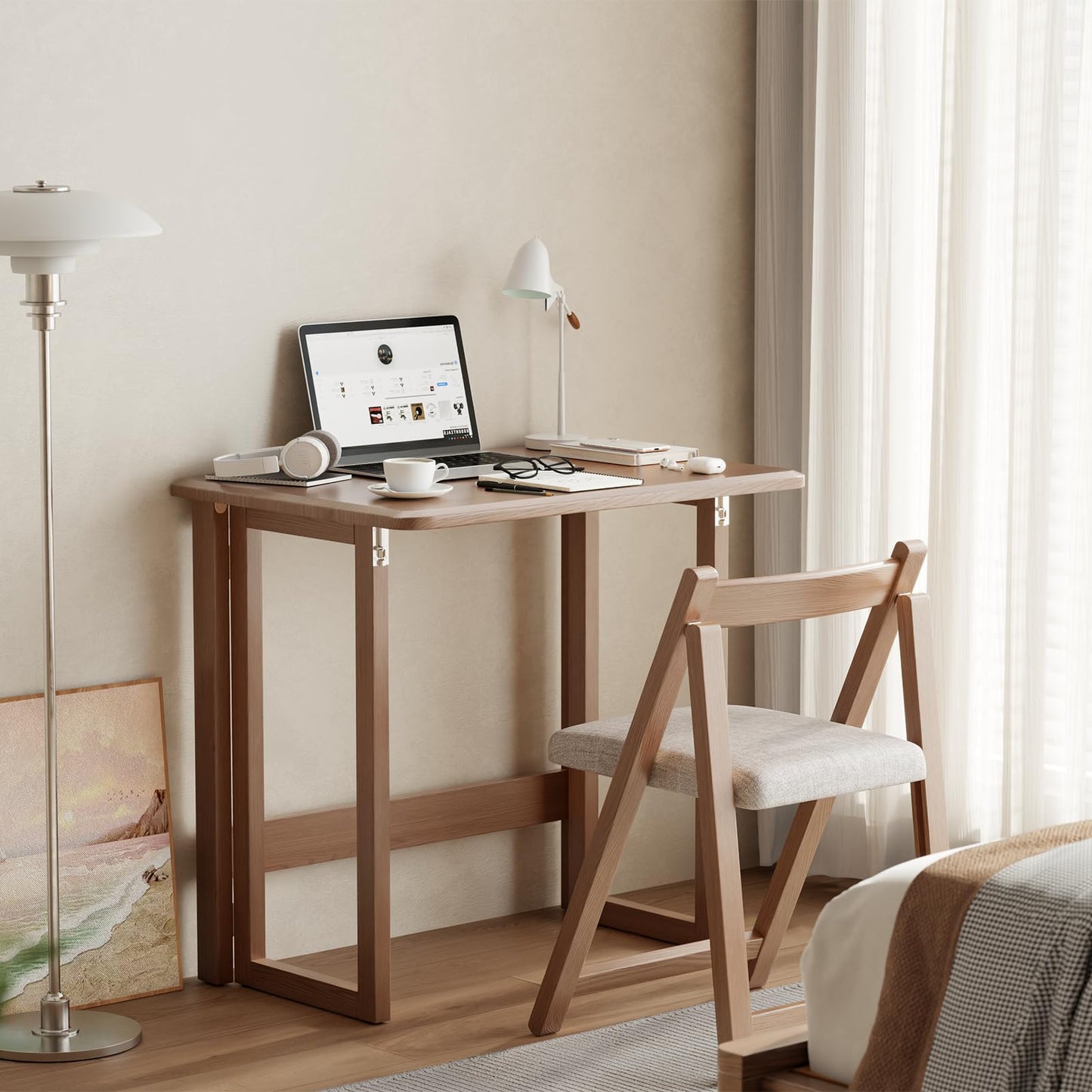 WoodsWhisper folding desk, solid wood, compact, no assembly, modern design.