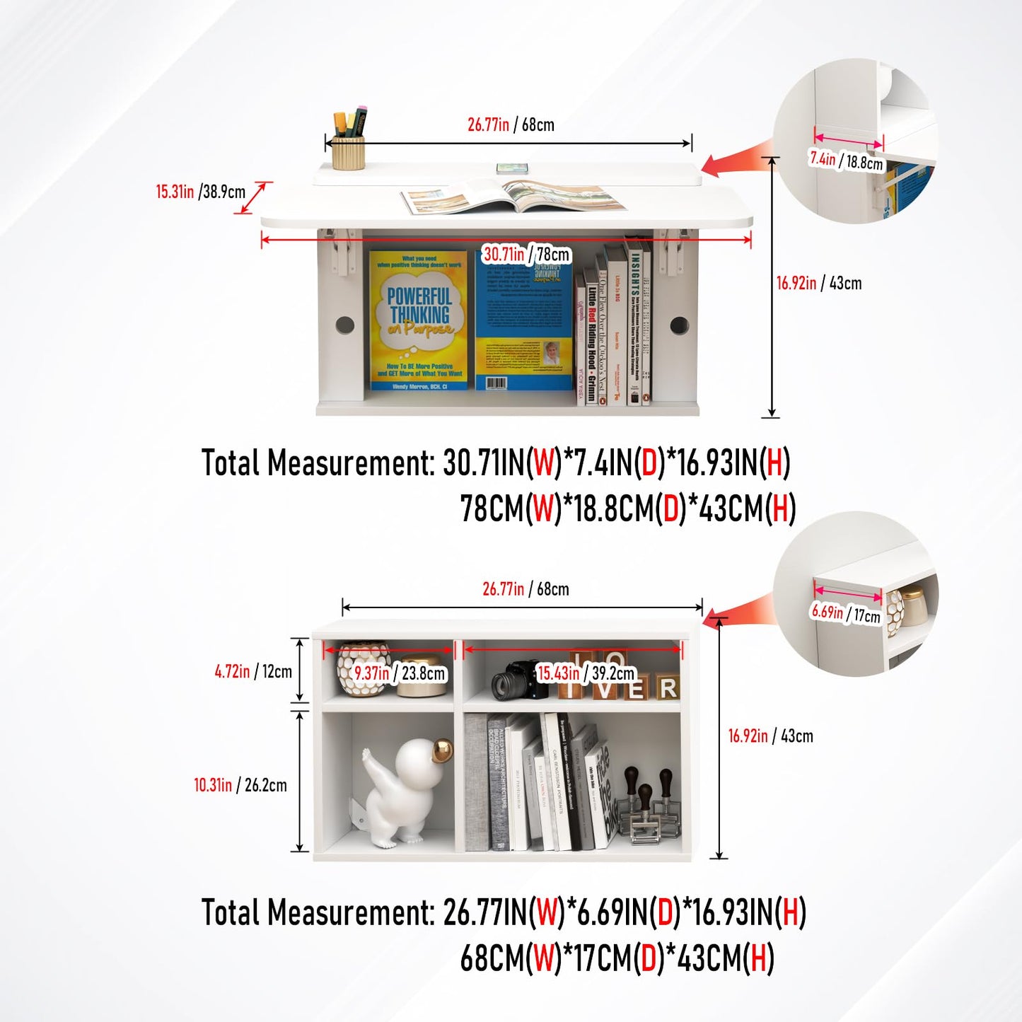 TuckTect 81" wall-mounted desk, folding drop leaf with shelves, space-saving workstation.