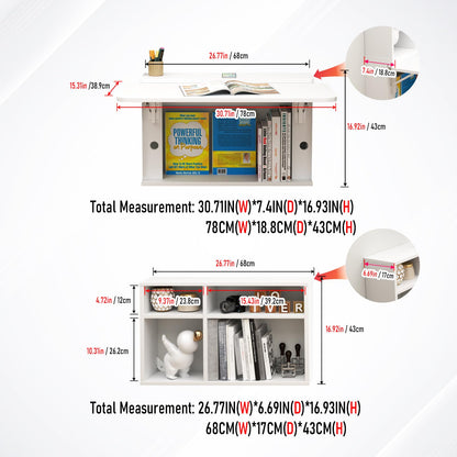 TuckTect 81" wall-mounted desk, folding drop leaf with shelves, space-saving workstation.