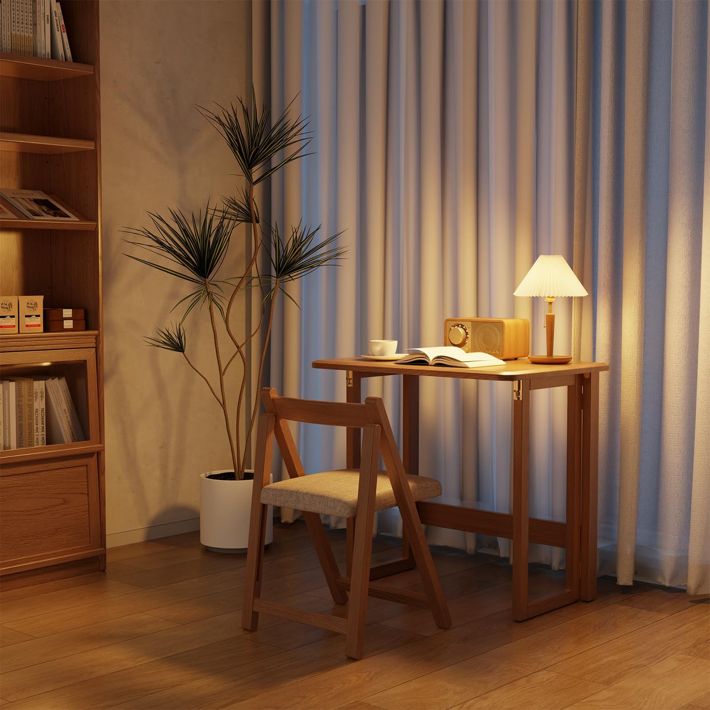 WoodsWhisper folding desk, solid wood, compact, no assembly, modern design.