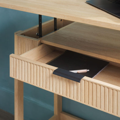 Walker Edison lift-top desk, storage drawer, sit-stand design, 38", coastal oak.