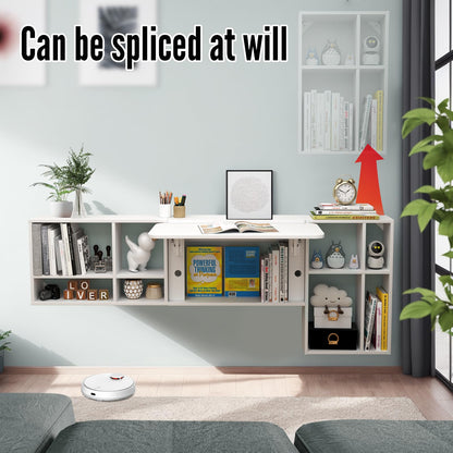 TuckTect 81" wall-mounted desk, folding drop leaf with shelves, space-saving workstation.