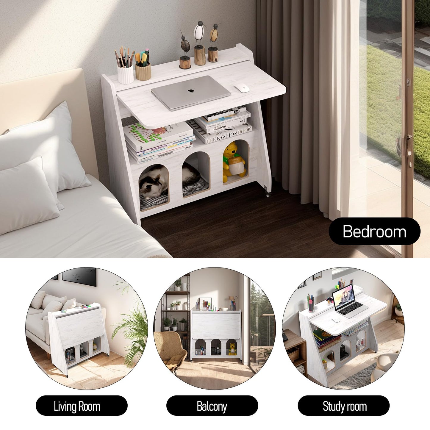 Pmnianhua farmhouse rolling desk, mobile workstation with wheels & storage, space-saving.
