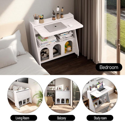 Pmnianhua farmhouse rolling desk, mobile workstation with wheels & storage, space-saving.