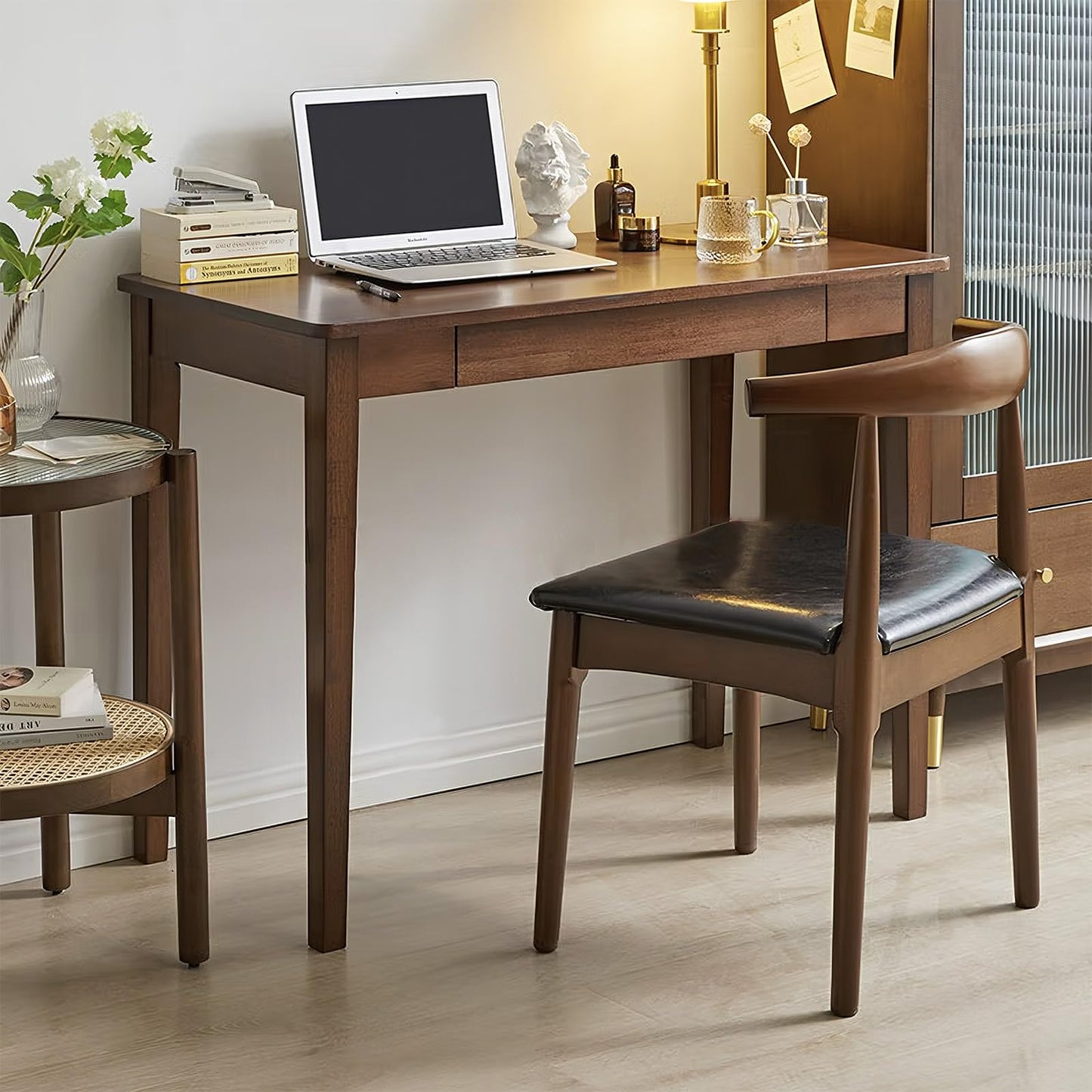 Cttasty solid wood desk with drawer, modern writing table, compact office desk.