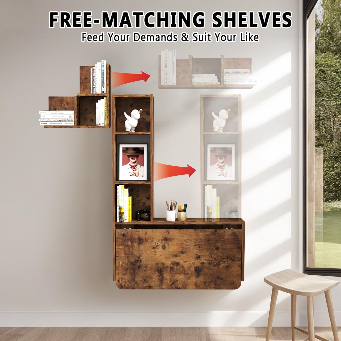 TuckTect foldable wall desk with cabinets, floating workstation with storage shelves.