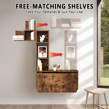 TuckTect foldable wall desk with cabinets, floating workstation with storage shelves.