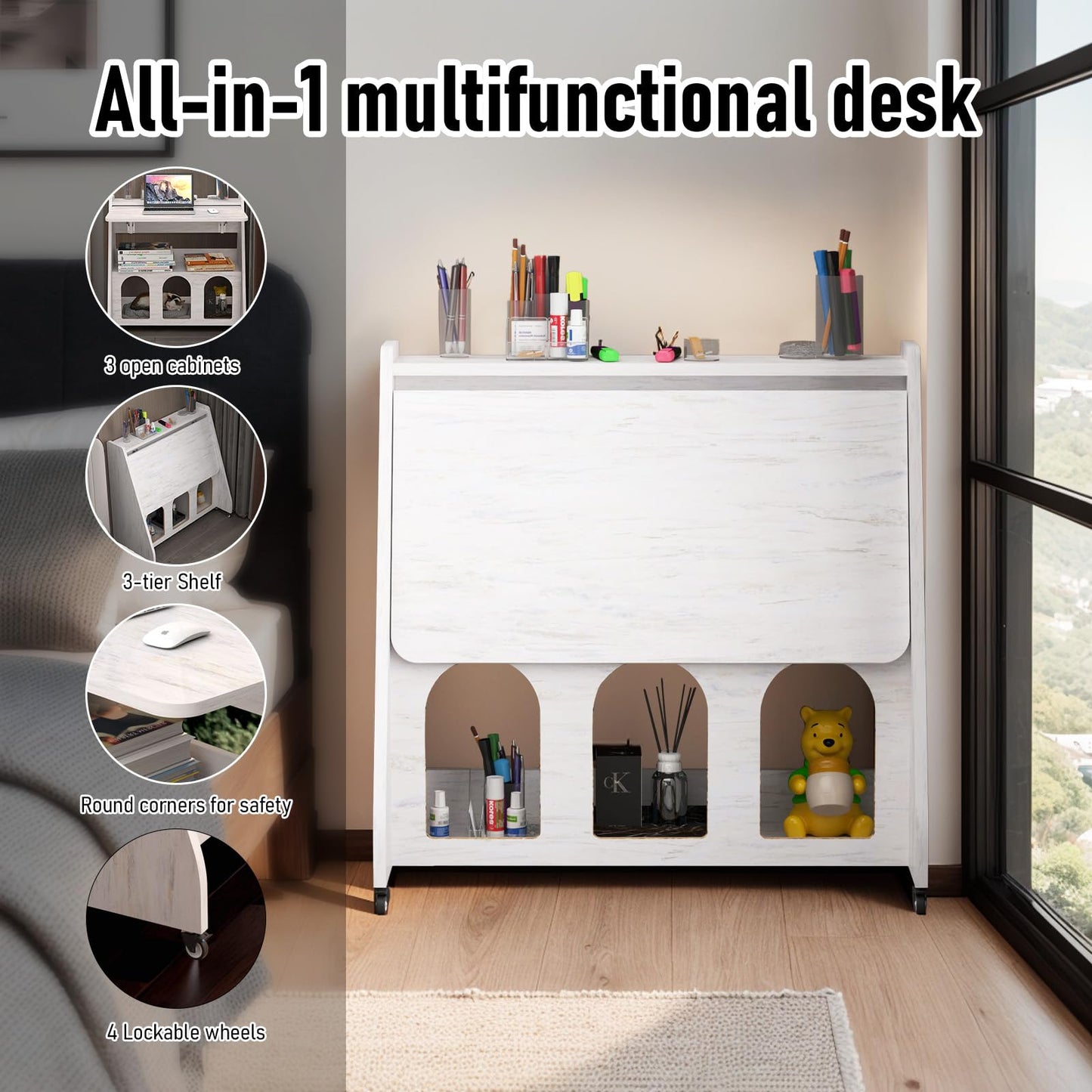 Pmnianhua farmhouse rolling desk, mobile workstation with wheels & storage, space-saving.
