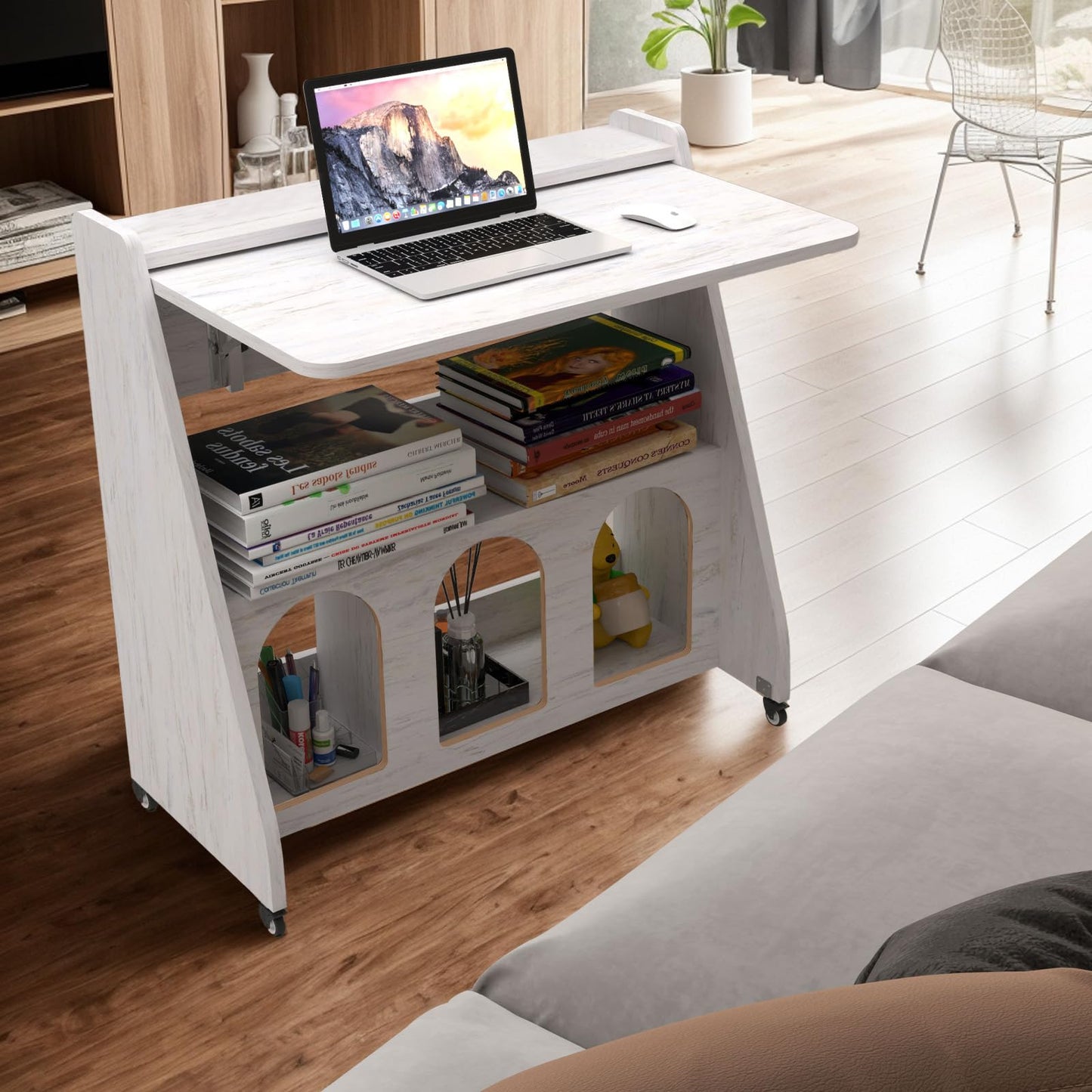 Pmnianhua farmhouse rolling desk, mobile workstation with wheels & storage, space-saving.