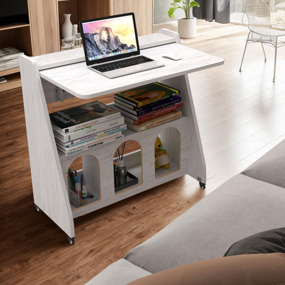 Pmnianhua farmhouse rolling desk, mobile workstation with wheels & storage, space-saving.