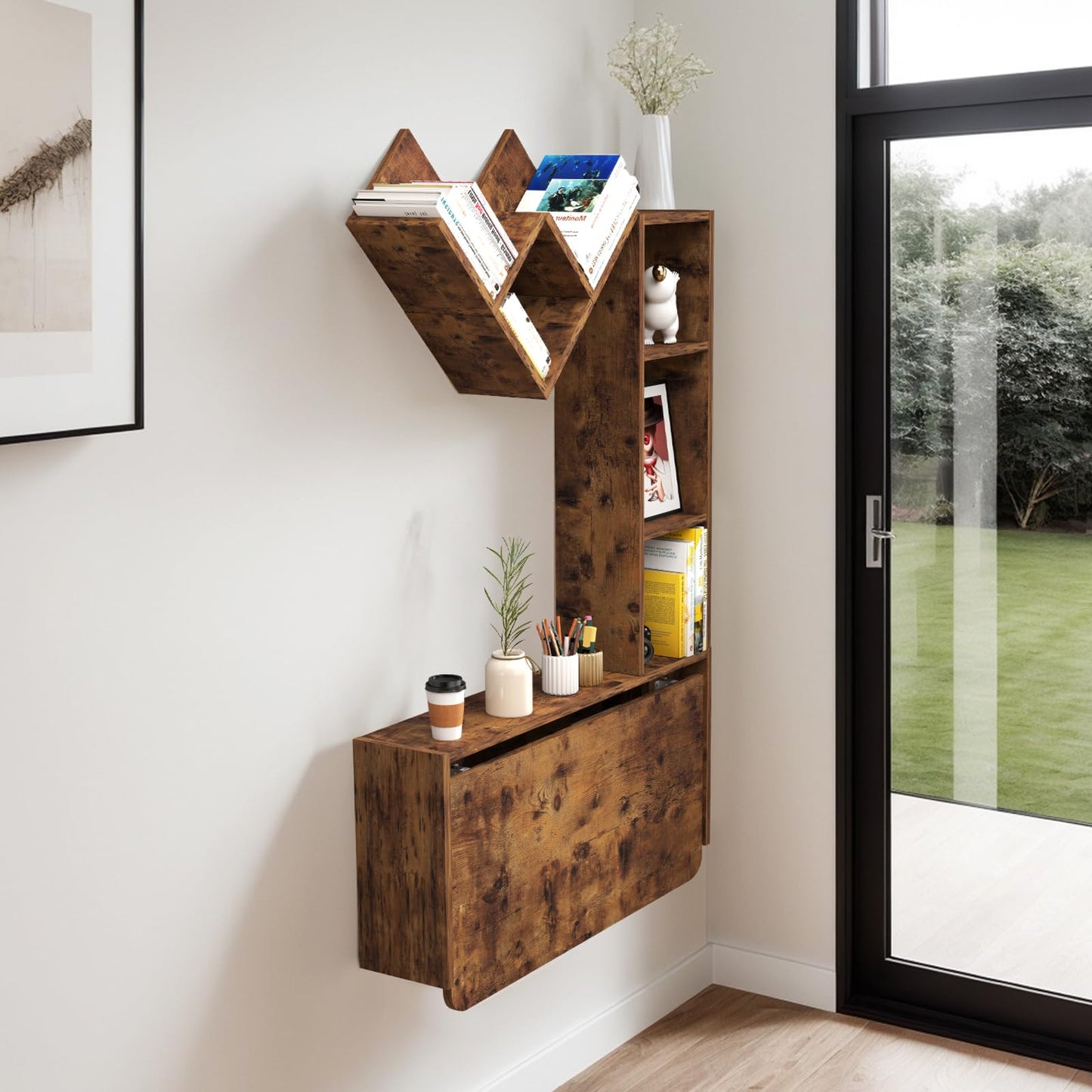 TuckTect foldable wall desk with cabinets, floating workstation with storage shelves.