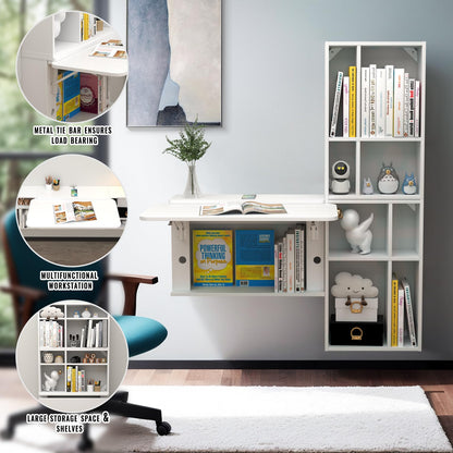 TuckTect 81" wall-mounted desk, folding drop leaf with shelves, space-saving workstation.
