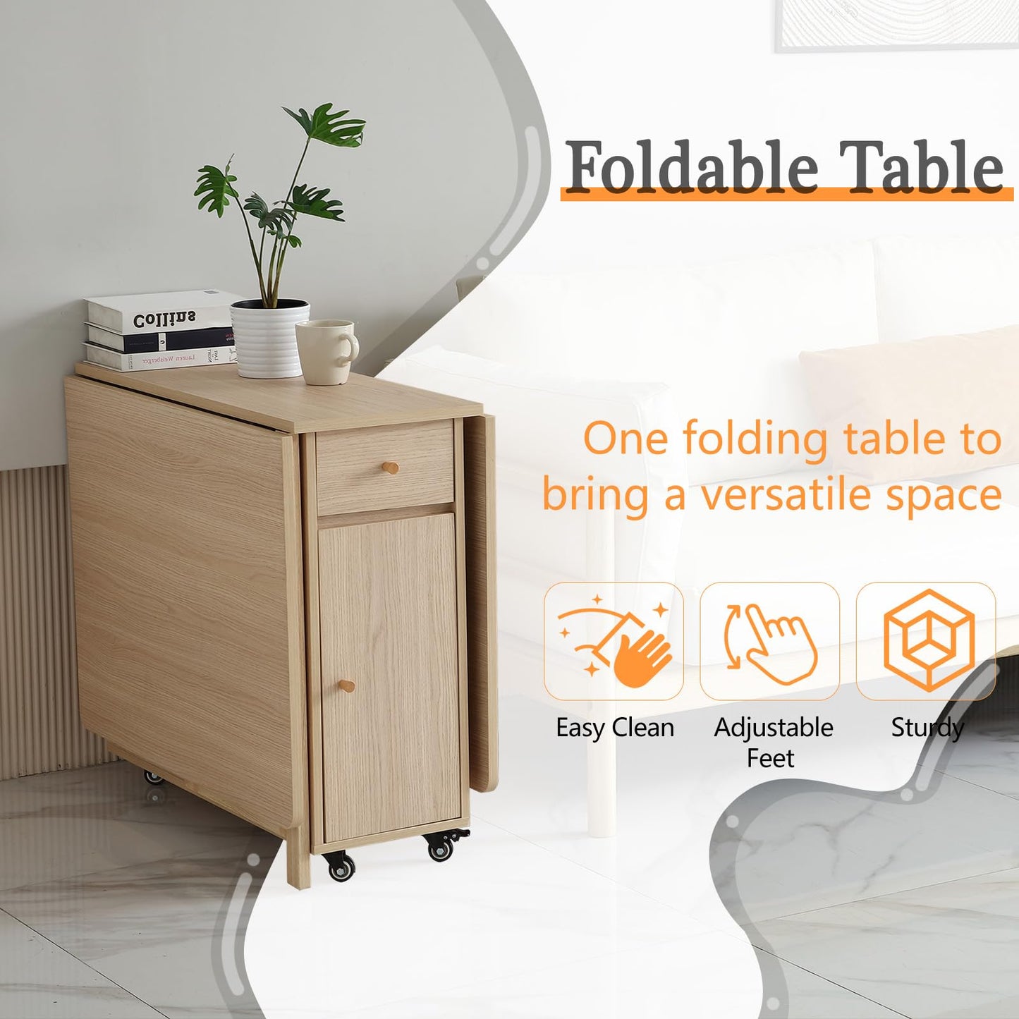 COMUHOME folding dining table, drop leaf, drawers, wheels, wood color finish.
