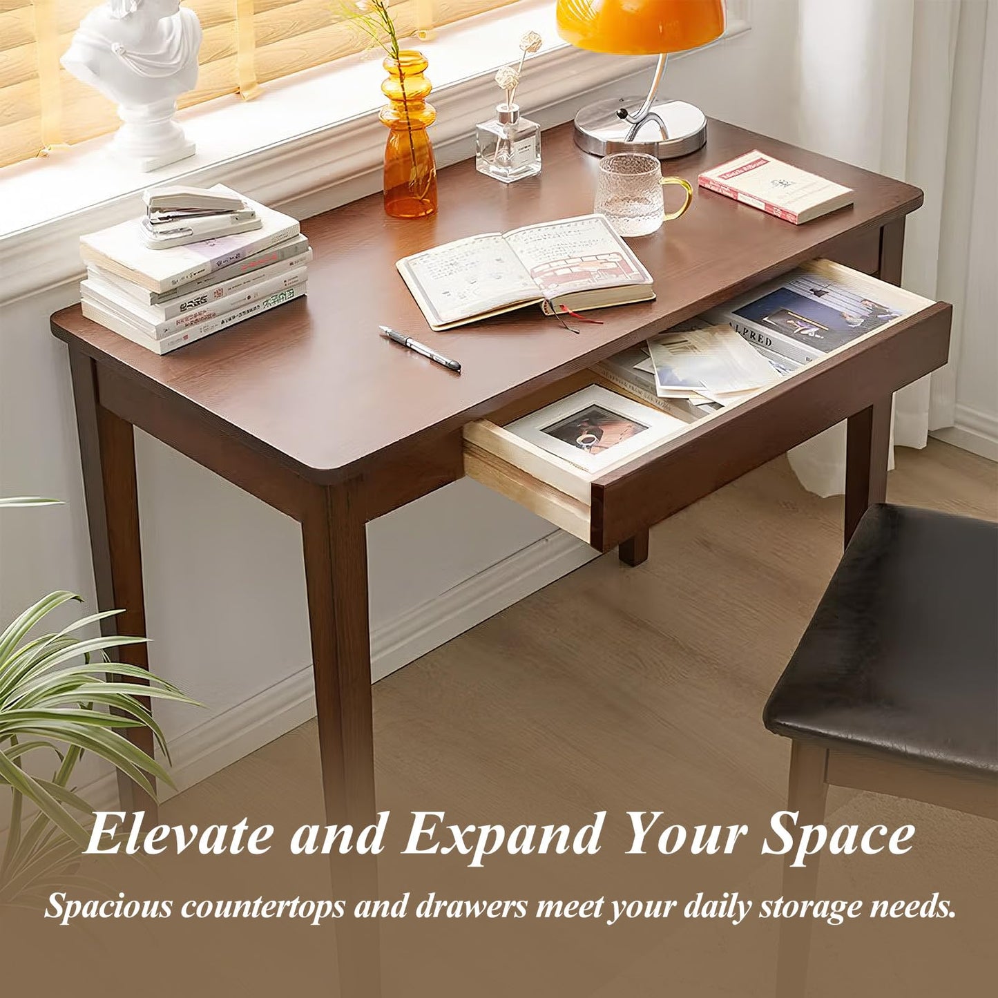 Cttasty solid wood desk with drawer, modern writing table, compact office desk.