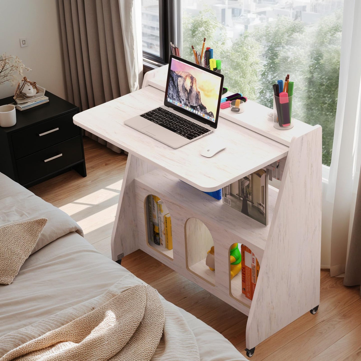 Pmnianhua farmhouse rolling desk, mobile workstation with wheels & storage, space-saving.