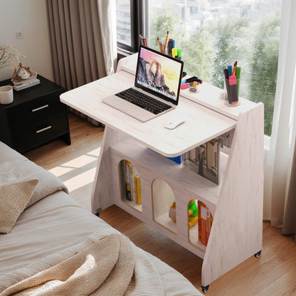Pmnianhua farmhouse rolling desk, mobile workstation with wheels & storage, space-saving.