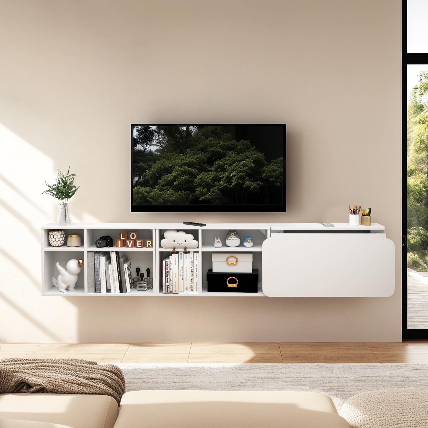 TuckTect 81" wall-mounted desk, folding drop leaf with shelves, space-saving workstation.