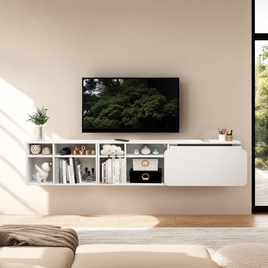 TuckTect 81" wall-mounted desk, folding drop leaf with shelves, space-saving workstation.