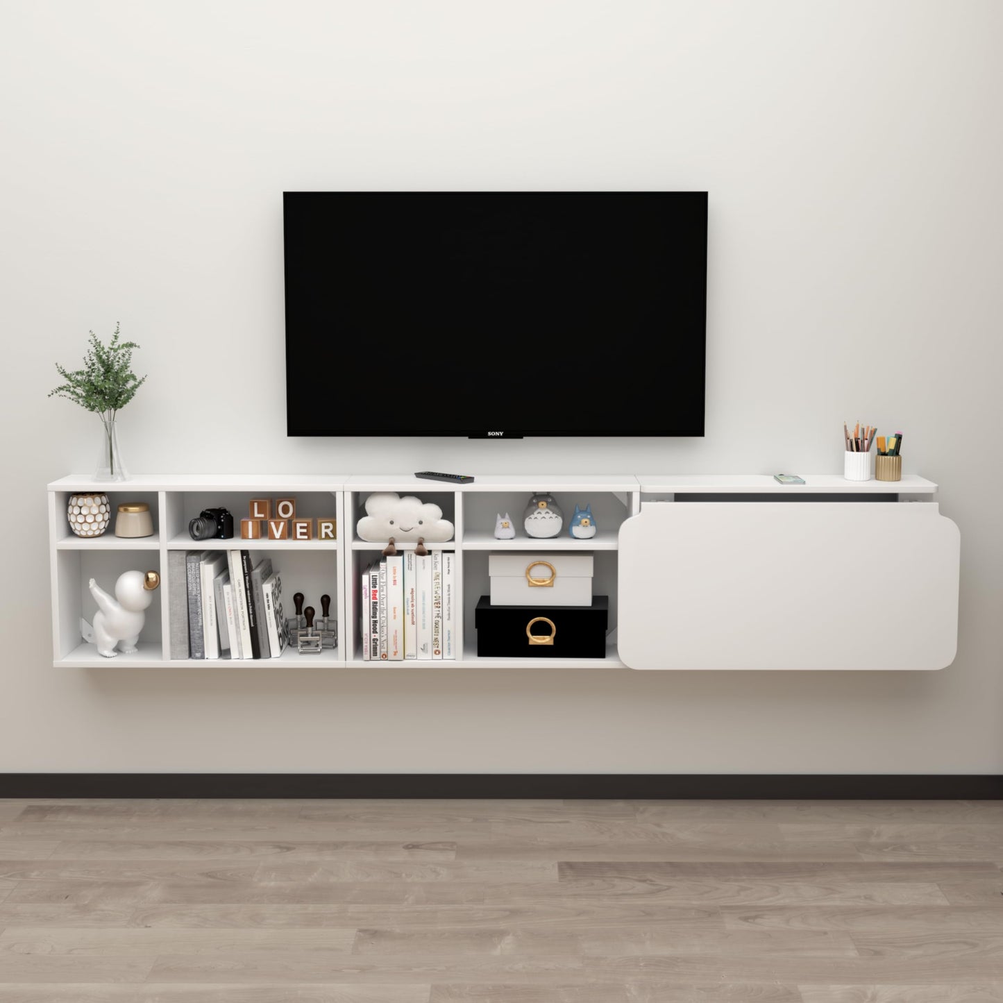 TuckTect 81" wall-mounted desk, folding drop leaf with shelves, space-saving workstation.