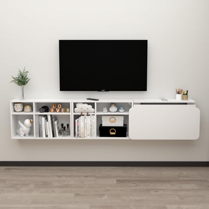TuckTect 81" wall-mounted desk, folding drop leaf with shelves, space-saving workstation.