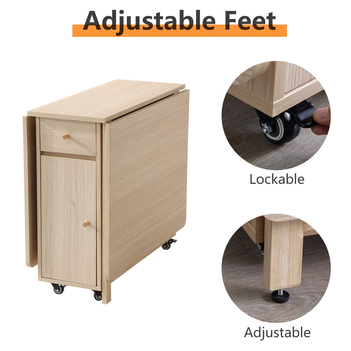 COMUHOME folding dining table, drop leaf, drawers, wheels, wood color finish.