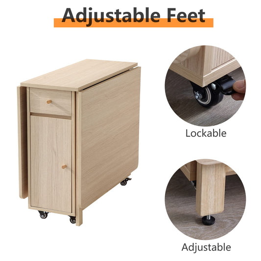 COMUHOME folding dining table, drop leaf, drawers, wheels, wood color finish.