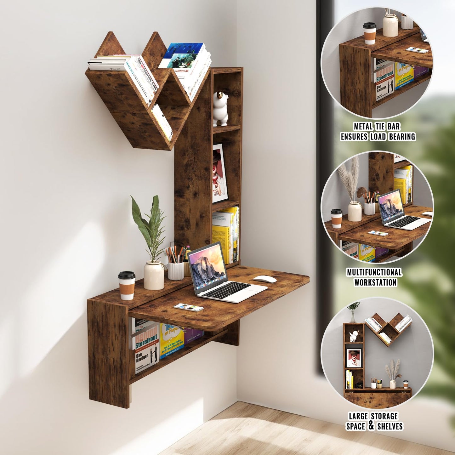 TuckTect foldable wall desk with cabinets, floating workstation with storage shelves.